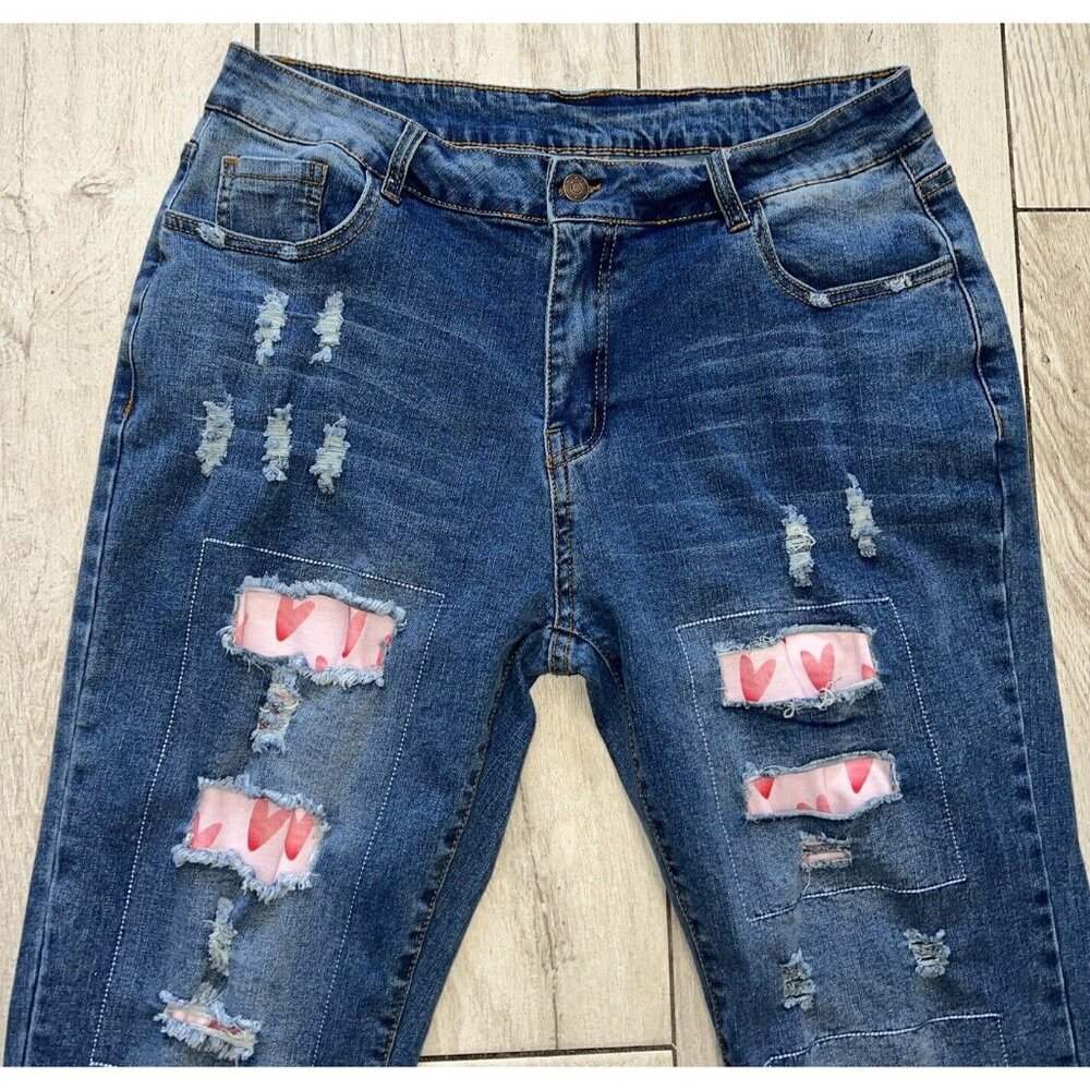 Jeans Jeans Women's Jeans XL 35x28 Ripped Blue Stretch Pink Hearts Super Cute - Picture 4 of 5